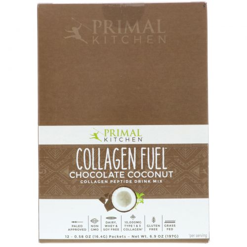 Primal Kitchen, Смесь для приготовления напитка для волос, кожи, ногтей и суставов, Collagen Fuel, Шоколад и кокос, 12 пакетов, 1,3 унции (36 г) в каждом