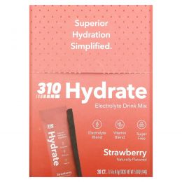 310 Nutrition, Hydrate, смесь для приготовления электролитов, клубника, 30 стиков по 4,9 г (0,17 унции)