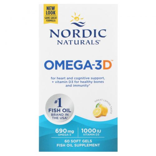 Nordic Naturals, Омега-3D, лимонный, 1000 мг, 60 мягких капсул