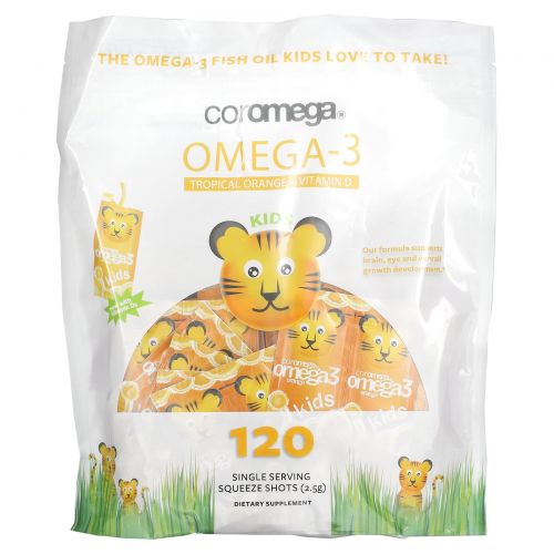 Coromega, Омега-3, тропический апельсин + витамин D для детей, 120 пакетиков