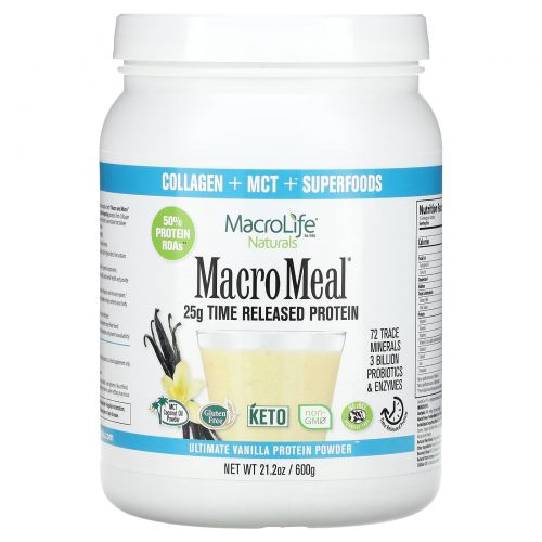 Macrolife Naturals, MacroMeal, протеиновый порошок высшего качества, ваниль, 600 г (21,2 унции)