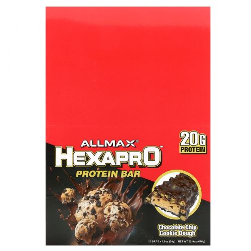 ALLMAX, Hexapro Protein Bar, протеиновый батончик, печенье с шоколадной крошкой, 12 батончиков по 54 г (1,9 унции)