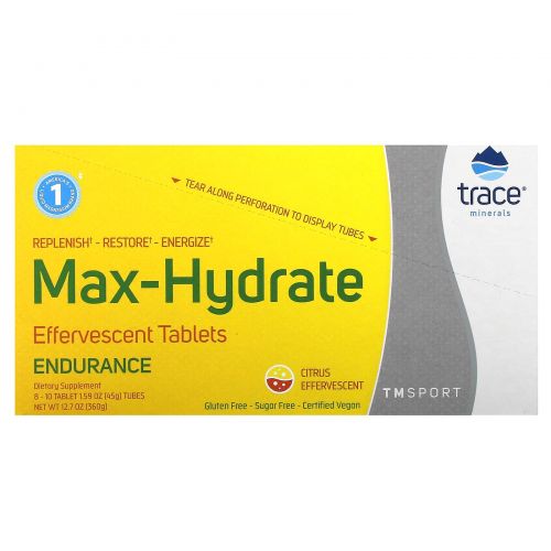 Trace Minerals ®, TM Sport, Max-Hydrate Endurance, шипучие таблетки для пополнения электролитов, со вкусом цитрусовых, 8 туб, по 10 таблеток в каждой