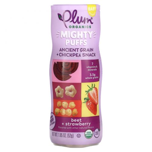 Plum Organics, Mighty Puffs, Ancient Grain + Chickpea Snack, Baby, Beet + Strawberry, 1.85 oz (52 g)