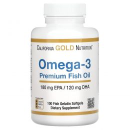 California Gold Nutrition, омега-3, рыбий жир премиального качества, 180 мг ЭПК / 120 мг ДГК, 100 капсул из рыбьего желатина