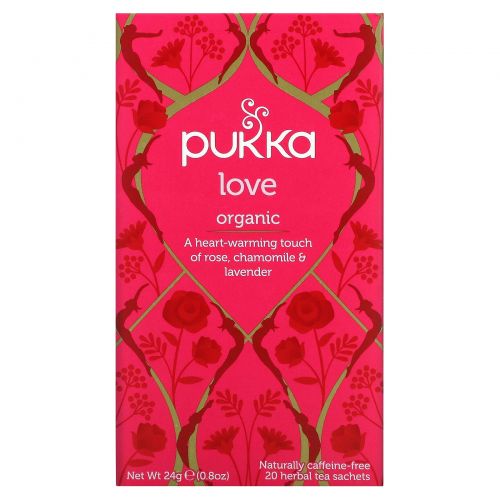 Pukka Herbs, Love, Чай с органической розой, ромашкой и лавандой, без кофеина, 20 пакетиков, 0,8 унции (24 г)