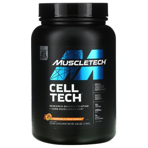 Muscletech, Cell Tech, Research-Backed Creatine + Carb Musclebuilder, Tropical Citrus Punch, 3 lbs (1.36 kg)