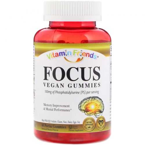 Vitamin Friends, Focus, Vegan Gummies, Natural Berry Flavor, 60 Pectin Gummies