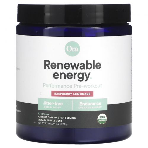 Ora, Renewable Energy, Performance Pre-Workout, Raspberry Lemonade, 0.44 lbs (200 g)