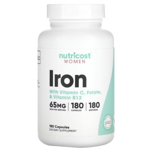 Nutricost, Для женщин, железо, с витамином C, фолатом и витамином B12, 65 мг, 180 капсул