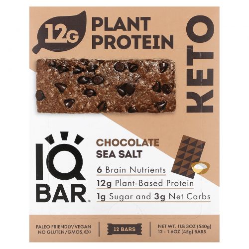 IQBAR, Растительный протеиновый батончик, шоколадная морская соль, 12 батончиков, 45 г (1,6 унции)