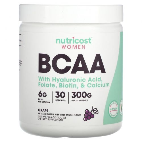 Nutricost, BCAA с гиалуроновой кислотой, фолатом, биотином и кальцием для женщин, со вкусом винограда, 300 г (10,6 унции)