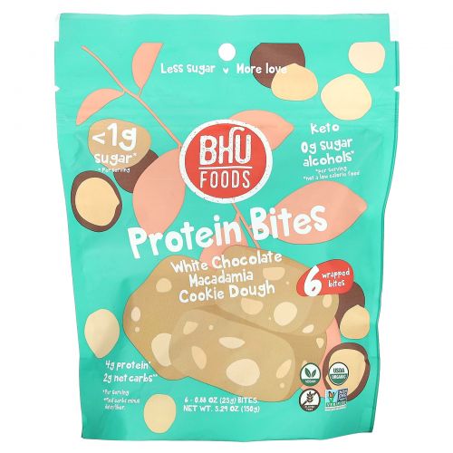 BHU Foods, Protein Bites, тесто для печенья с макадамией и белым шоколадом, 6 кусочков, 25 г (0,88 унции)
