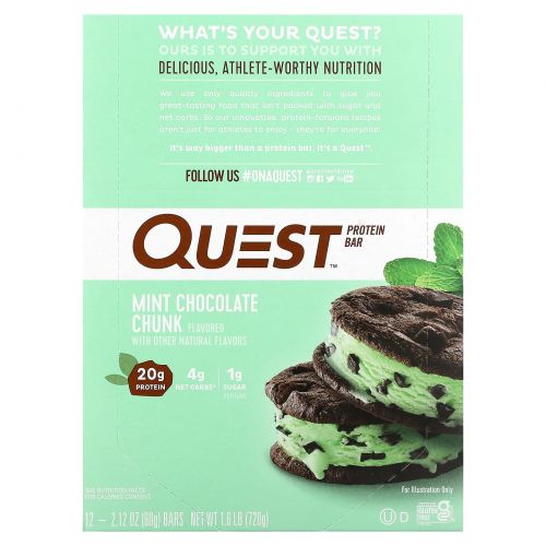 Quest Nutrition, Quest Bar, Protein Bar, Mint Chocolate, 12 Bars, 2.1 oz (60 g) Each