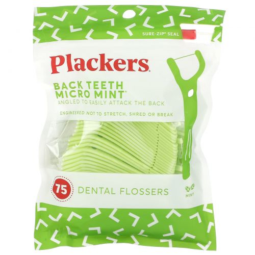 Plackers, Micro Mint, зубочистки с нитью для задних зубов, мята, 75 шт.