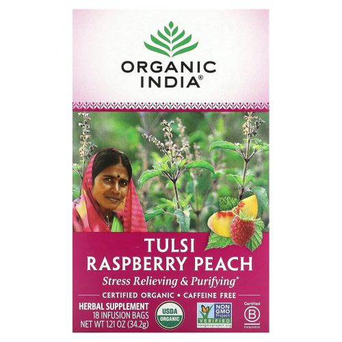 Organic India, Tulsi Raspberry Peach, без кофеина, 18 пакетиков для настоя, 34,2 г (1,21 унции)