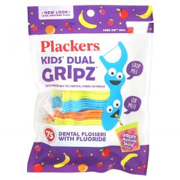 Plackers, Kid's Dual Gripz, детские зубочистки с нитью, с фтором, фруктовый смузи, 75 шт.