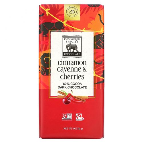 Endangered Species Chocolate, Плитка темного шоколада, корица, кайенский перец и вишня, 60% какао, 85 г (3 унции)