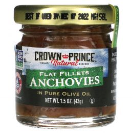 Crown Prince Natural, Анчоусы, плоское филе, в чистом оливковом масле, 1,5 унции (43 г)