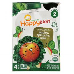 Nurture Inc. (Happy Baby), "Простые комбинации" из серии "Органика для счастливого малыша", органическое детское питание со шпинатом, яблоком и кудрявой капустой, 2 этап, 4 пакета по 4 унции (113 г)