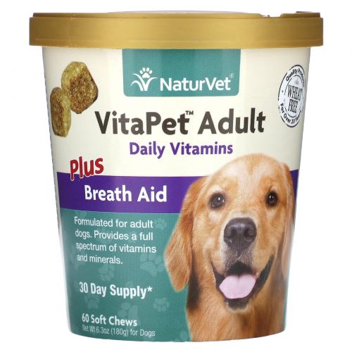 NaturVet, VitaPet Adult, ежедневные витамины и помощь при дыхании, для собак, 60 жевательных таблеток, 180 г (6,3 унции)