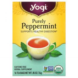 Yogi Tea, Organic, Purely Peppermint, без кофеина, 16 чайных пакетиков, 0,85 унции (24 г)