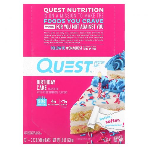 Quest Nutrition, Quest Protein Bar, Birthday Cake, 12 Pack, 2.12 oz (60 g) Each