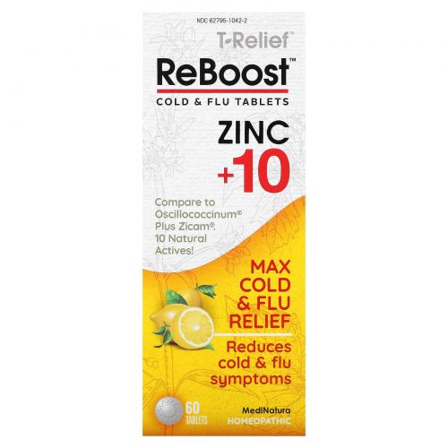 MediNatura, T-Relief, ReBoost, цинк + 10 ингредиентов, таблетки от простуды и гриппа, 60 таблеток