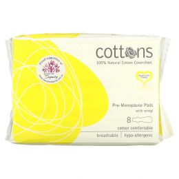 Cottons, 100% Natural Cotton Coversheet, Pre-Menopause Pads with Wings, 8 Pads