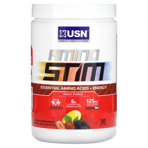 USN, Amino Stim, незаменимые аминокислоты и энергия, фруктовый пунш, 285 г (10,05 унции)