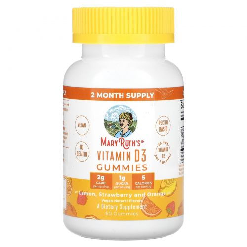 MaryRuth's, витамин D3, со вкусом лимона, клубники и апельсина, 25 мкг, 60 жевательных таблеток