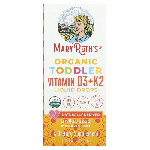 MaryRuth Organics, Органические жидкие капли с витаминами D3 и K2 для малышей, для детей от 1 до 3 лет, без добавок, 30 мл (1 жидк. Унция)