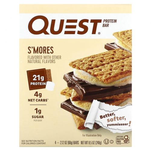 Quest Nutrition, Протеиновый батончик, S'Mores, 4 батончика, 60 г (2,12 унции) каждый