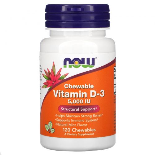 Now Foods, Витамин D-3, со вкусом натуральной мяты, 5,000 МЕ, 120 жевательных таблеток