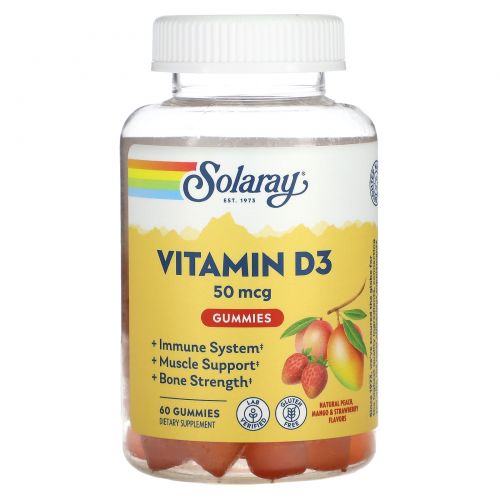 Solaray, Vitamin D3 Gummies, Natural Peach, Mango, & Strawberry, 50 mcg (2,000 IU), 60 Gummies
