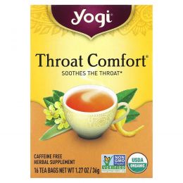 Yogi Tea, Органический, Throat Comfort без кофеина, 16 чайных пакетиков, 1.27 унций (36 г)