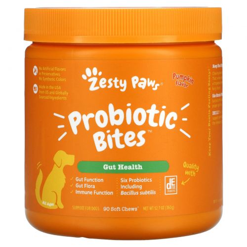 Zesty Paws, Probiotic Bites for Dogs, with Natural Digestive Enzymes, Pumpkin Flavor, 90 Soft Chews