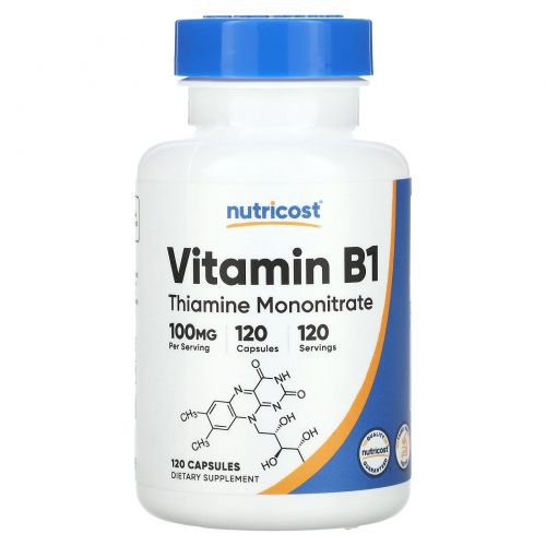 Nutricost, Витамин B1, мононитрат тиамина, 100 мг, 120 капсул