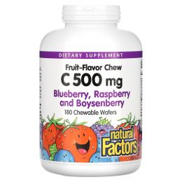 Natural Factors, витамин с, малина и бойзенова ягода, 500 мг, 180 жевательных пастилок