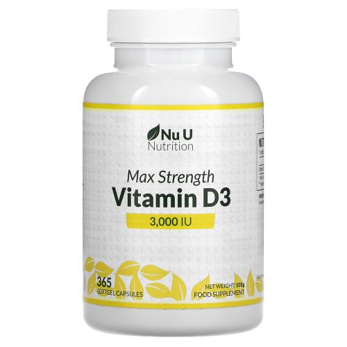 Nu U Nutrition, Витамин D3 максимальной активности, 3000 МЕ, 180 мягких таблеток