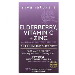 Viva Naturals, Elderberry, витамин C и цинк, поддержка иммунитета 5 в 1, 120 капсул