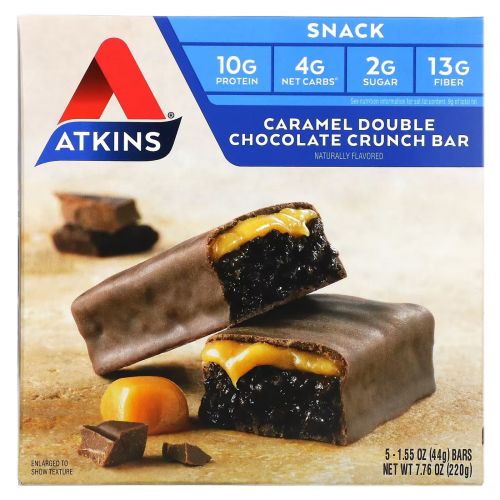 Atkins, Advantage, хрустящий батончик с карамелем и двойным шоколадом, 5 батончиков, 1.6 унции (44 г) каждый
