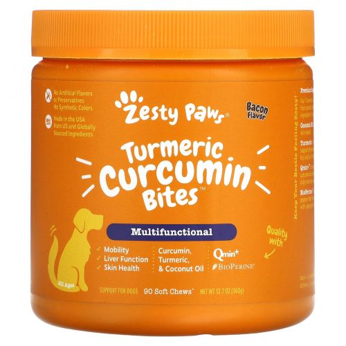 Zesty Paws, Turmeric Curcumin Bites, добавка для собак, со вкусом бекона, 90 мягких жевательных таблеток