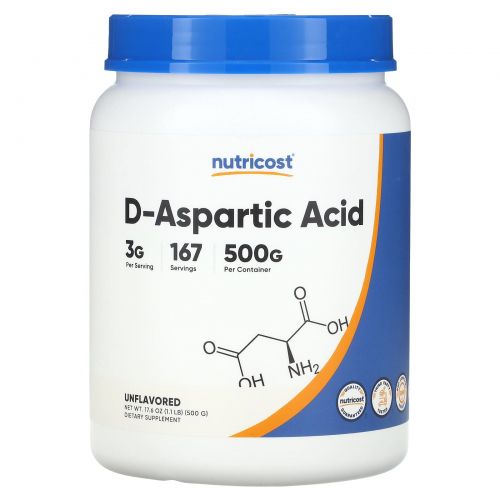 Nutricost, D-аспарагиновая кислота, без вкусовых добавок, 500 г (1,1 фунта)