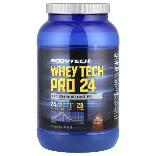 BodyTech, Whey Tech Pro 24, насыщенный шоколад, 907 г (2 фунта)