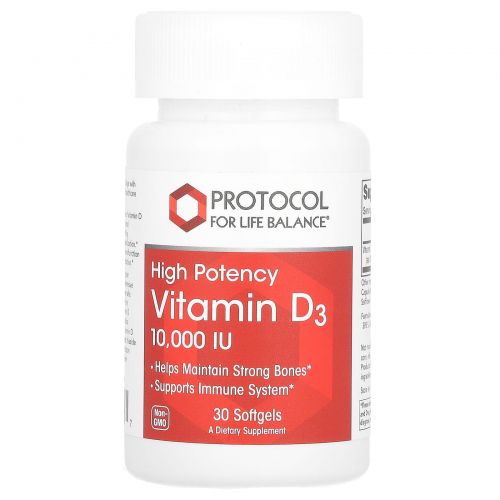 Protocol for Life Balance, витамин D3, высокоактивный, 10 000 МЕ, 30 мягких таблеток