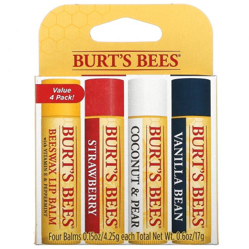 Burt's Bees, Увлажняющие бальзамы для губ, ассорти, 4 шт. 