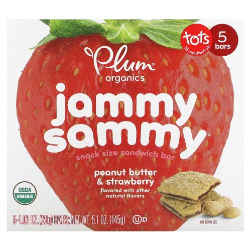 Plum Organics, Kids, Organic Jammy Sammy, клубничный джем и арахисовое масло, 5 батончиков по 1,03 унции (29 г) каждый