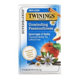 Twinings, Успокаивающий травяной чай, страстоцвет и ромашка, пряное яблоко и ваниль, без кофеина, 18 пакетиков по 0,95 унц. (27 г)