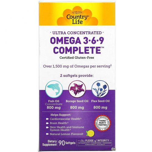 Country Life, Omega 3·6·9, Ultra Concentrated, Lemon, 90 Softgels